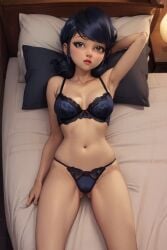 ai_generated ai_hands blue_eyes blue_hair chloenette69 ladybug_(character) large_breasts lingerie looking_at_viewer lying_on_bed marinette_cheng marinette_dupain-cheng miraculous_ladybug