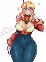 1girls alia big_breasts blonde_hair blue_eyes hand_on_leg mega_man mega_man_x one_hand_up robot_girl toonscarly white_gloves