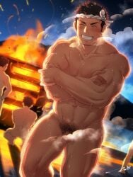 3boys abs bara beard_stubble beefy blurry_background blush brown_hair burning camp_fire censored censored_penis closed_eyes cold cold_sweat completely_nude crossed_arms exhibitionism fire flame grin hachimaki happy headband hi_res leg_hair male male_only mature_male muscles muscular muscular_arms muscular_legs muscular_male muscular_thighs night original original_character outdoor_nudity outdoors pecs pubic_hair ritual short_hair shuddering small_penis snot solo_focus standing steam steaming_body steamy steamy_breath tepen_(tptptpn) wet wet_body