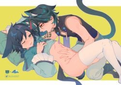 2boys animal_ears aqua_eyes aqua_hair black_hair black_shirt braid cat_boy cat_ears cat_tail chinese_clothes genshin_impact gradient_hair green_shirt highres long_sleeves lying male_focus multicolored_hair multiple_boys navel one_eye_closed open_mouth sex shirt short_hair stomach tail tattoo thighhighs twin_braids venti_(genshin_impact) white_thighhighs xiao_(genshin_impact) yaoi yellow_eyes zengzhi_zhixu