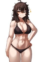 1girls ai_generated bedroom_eyes bikini bikini_bottom bikini_top hismajestyii novelai pale-skinned_female pale_skin seiko_tanaka_(hismajestyii) showing_off smile smug smug_face stars toned toned_female