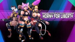 1futa 2boys animal_ears ass blue_eyes breasts brown_skin buttplug buttplug_tail cat_ears chromeflames cock_sleeve crop_top dildo dog_ears functionally_nude futanari gun helldivers helldivers_2 horns male pasties penis pink_hair red_eyes self_upload sex_toy simple_background tail white_hair