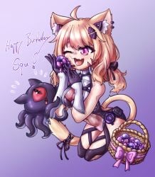 1girl ;d ahoge animal_ears apple bangs basket black_gloves black_legwear blonde_hair blush bow breasts cat_ears cat_tail catgirl cleavage elbow_gloves eyebrows_visible_through_hair face_markings fang female food gloves gradient gradient_background hair_bow hair_ornament heart leotard long_hair looking_at_viewer low_twintails medium_breasts one_eye_closed open_mouth purple_background purple_bow purple_eyes red_eyes ribbon smile solo squchan_(vtuber) tail thighhighs twintails underwear virtual_youtuber vyugen