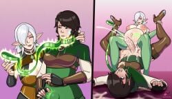 1futa 1girls amazon_position areolae athorment_oc balisk_oc big_breasts black_hair bottomless breasts clothed clothing cum cumflated_belly cumflation dani_(balisk) duo elf elf_ears elf_female female femdom futa_on_female futanari futanari_transformation futasub green_eyes human humanoid impregnation inflated_belly inflation jade_(raindle) light-skinned_female light-skinned_futanari light_skin magic nicoffee nipples nude partially_clothed penis raindle_oc short_hair tagme veiny_penis white_hair