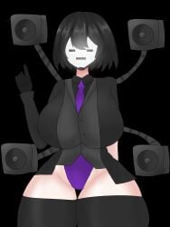 black_background black_coat black_hair black_shirt gloves large_tv_man_(skibidi_toilet) miss_moji necktie purple_necktie short_hair skibidi_toilet speaker stocking stockings thick tv_head