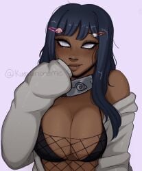 1girls artist_name big_breasts blue_hair bra breasts dark-skinned_female dark_skin female fishnet_clothing fishnets hello_kitty hello_kitty_(series) hyuuga_hinata kirby kirby_(series) kumasncreme large_breasts looking_at_viewer naruto_(series) race_swap solo solo_female sweater white_eyes