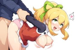 1boy 1girls ahe_gao ai_generated blonde_hair blush breasts_out capcom clothed_sex green_eyes mega mega_man mega_man(classic) nipples panties ponytail ribbon robot_girl roll sex_from_behind simple_background tongue_out white_background