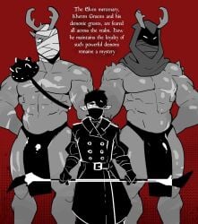 3boys abs backstory big_dom_small_sub daspurplesong demon dilf english english_text eyepatch gay height_difference horns imminent_sex male male/male male_only mask masked masked_male master muscular muscular_male pecs pot size_difference text