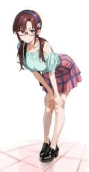 1girls ai_generated alternate_costume brown_hair dress full_body glasses large_breasts neon_genesis_evangelion shoes shoppy skirt smile white_background