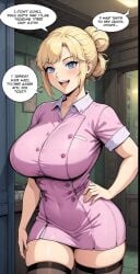 1girl :d ai_generated bangs black_thighhighs blonde_hair blue_eyes blush brawl_stars breasts buttons collared_dress covered_navel cowboy_shot door dress english_text hair_bun hand_on_hip indoors large_breasts looking_at_viewer nurse open_mouth pink_dress piper_(brawl_stars) short_sleeves sidelocks single_hair_bun skindentation smile solo speech_bubble standing teeth thick_thighs thighhighs thighs upper_teeth_only zettai_ryouiki