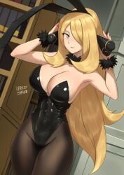 1girls animal_ears barleyshake black_leotard black_pantyhose blonde_hair breasts commentary covered_navel creatures_(company) cynthia_(pokemon) detached_collar english_commentary fake_animal_ears female female_only fully_clothed fur_collar game_freak grey_eyes hair_over_one_eye highleg highleg_leotard highres indoors large_breasts leotard long_hair looking_at_viewer nintendo pantyhose playboy_bunny pokemon pokemon_dppt rabbit_ears shiny_clothes solo standing strapless strapless_leotard tight_clothing very_long_hair wrist_cuffs