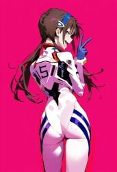 ai_generated ass back brown_hair looking_back mari_illustrious_makinami neon_genesis_evangelion pink_background plugsuit shoppy v