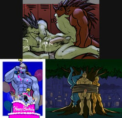 anal balloon bgn birthday_cake bounded cum demon dog_tags erection gay gs hairy locker_room male oni outside penis surprised tree upside-down