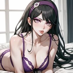 ai_generated danganronpa fanganronpa female hyper!_danganronpa_h20:_abandon_all_hope kanako_kami light-skinned_female lingerie lying_on_bed purple_eyes purple_lingerie