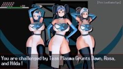 3girls 4k brown_hair_female corruption dawn_(pokemon) enemy_conversion english_text female_only highres hilda_(pokemon) landcombattype pokemon pokemon_bw rosa_(pokemon) tabard team_plasma text thighhighs thighs wide_hips