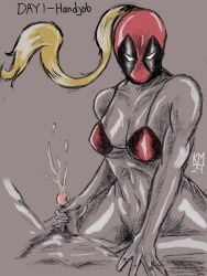 breasts cum deadpool deadpool_&_wolverine_(2024) handjob kinktober ladypool ladypool_(blake_lively) marvel marvel_comics precum rellim_101