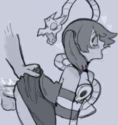 1boy 1boy1girl 1girls backshots behind_another cock dress_pull leviathan_(skullgirls) penis skirt_lift skullgirls squigly zombie_girl