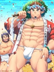 2020 2boys abs bara bead_bracelet beard beefy big_breasts black_hair blush brown_hair bulge bulge_through_clothing cigar cigar_in_mouth confetti cross-shaped_pupils crossed_arms dated ded_(tokyo_afterschool_summoners) eight_pack fundoshi fundoshi&#039;s_day hachimaki hand_on_hip happi_(clothing) headband hi_res holding_object laugh looking_at_viewer male male_only mature_male multicolored_hair muscles muscular muscular_arms muscular_legs muscular_male muscular_thighs pecs pointy_ears rokushaku_fundoshi sarashi shide short_hair sideburns six_pack smile snowflake snowflake_pattern snowflake_print standing tepen_(tptptpn) thick_eyebrows thick_thighs tokyo_afterschool_summoners tomte_(tokyo_afterschool_summoners) tough_guy v-shaped_eyebrows veiny_belly vihta white_fundoshi white_hair