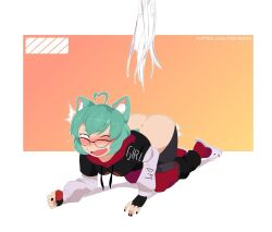 cat_ears freidesuu girl_dm glasses green_hair indie_virtual_youtuber mostly_clothed no_panties pained_expression ripped_clothing virtual_youtuber