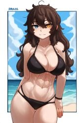 1girls ai_generated beach beach_background bikini bikini_bottom bikini_top hismajestyii novelai pale-skinned_female pale_skin seiko_tanaka_(hismajestyii) showing_off smile smug smug_face toned toned_female