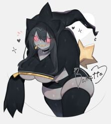 1girls anthro banette big_breasts black_hair black_thighhighs english_text female female_only generation_3_pokemon heart hi_res hoodie long_hair looking_at_viewer minishorts nintendo pokemon pokemon_(species) red_eyes skindentation slit_pupils solo text thick_thighs thighhighs toge77789 togetoge underboob white_background wide_sleeves