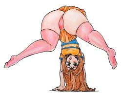 ass bad_anatomy blue_stripes brown_hair cheerleader cheerleader_costume cheerleader_outfit cheerleader_uniform gaixas1 gravity-defying_hair green_eyes handstand handstand_with_split_pose hanging_hair kawai_shizuka long_hair no_shoes non-nude open_mouth orange_shirt orange_skirt panties pink_panties pink_thighhighs serenity_wheeler shoeless shoes_removed skirt_up thick_ass thick_legs thick_thighs thighhighs tongue yu-gi-oh! yu-gi-oh!_duel_monsters