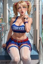 ahe_gao ai-created ai_generated arm_support bangs bare_shoulders belt blonde_hair blue_eyes blue_skirt blush bow breasts cheerleader clavicle cleavage clothing crop_top day english_text female female hair_ornament hairbow hand_up indoors jousneystudio juliet_starling large_breasts legwear lips lollipop_chainsaw long_hair looking_at_viewer midriff miniskirt mole mole_on_breast navel open_mouth original pleated_skirt poster_(object) red_belt shirt sitting skirt solo sweat teeth thick_thighs thighhighs thighs tied_hair tongue tongue_out twintails upper_teeth_only white_legwear white_thighhighs window wristband