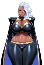 1girls ai_generated cameltoe dark-skinned_female dark_skin female female_only latex latex_clothing solo solo_female storm_(x-men) thick white_hair wide_hips