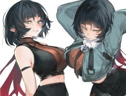 1girls animal_ears bare_shoulders black_hair black_shorts breasts cropped_jacket female fur-trimmed_jacket fur_trim green_eyes grin highres jacket jane_doe_(zenless_zone_zero) large_breasts looking_at_viewer lucadark midriff mouse_ears mouse_girl multicolored_hair multiple_views red_hair shorts smile two-tone_hair zenless_zone_zero