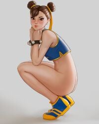 1girls capcom chun-li female no_underwear shoes squatting street_fighter vest