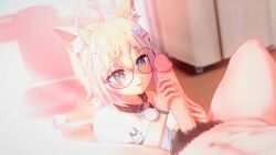 1boy 1girls 3d animated blonde_hair cat_ears clothed_female_nude_male cum_on_face cum_on_glasses glasses handjob indie_virtual_youtuber minikomew smile sound tagme tagme_(artist) video virtual_youtuber