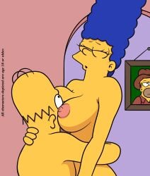 1boy 1girls 20th_century_fox 20th_century_studios bald_man blue_hair breasts canon_couple closed_eyes couple dilf duo female head_between_breasts homer_simpson human human_on_human husband_and_wife indoors lockandlewd looking_up male male/female marge_simpson milf nipples nude nude_female nude_male picture_frame sex straight straight_sex the_simpsons yellow_skin