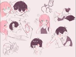 1boy 1girls aubrey_(omori) black_hair blush breast_sucking finger_lick japanese_text leg_kiss neck_lick omori pink_hair sunny_(omori)