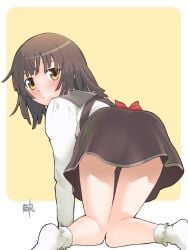 all_fours ass back_view bare_legs bare_thighs blush brown_dress brown_eyes brown_hair closed_mouth feet kikumaru_bunta knees_together_feet_apart monogatari_(series) school_uniform sengoku_nadeko short_hair skirt socks thighs