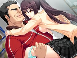 1boy black_hair blush breasts censored clothing female game_cg koporu kousaka_daichi nipples ossan_kyoushi_no_joshikousei_tsuma_ga_yarichin_danshi_ni_netorareru_hanashi otokoga797 panties panties_around_leg ponytail purple_hair school_uniform sex skirt sonozaki_yukino tied_hair uniform vaginal_penetration yellow_eyes