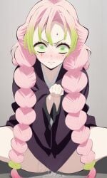 ai_generated beauty_mark blush blush braid braided_hair covering_breasts covering_crotch demon_slayer embarrassed green_eyes green_hair kanroji_mitsuri kimetsu_no_yaiba looking_at_viewer omorashi peeing peeing peeing_self pink_hair shy urine urine