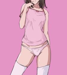 arm_at_side ass_visible_through_thighs bare_arms bare_shoulders brown_hair camisole ccherias closed_mouth collarbone finger_in_own_mouth midriff_peek monogatari_(series) no_skirt panties pink_camisole pink_panties sengoku_nadeko sleeveless_shirt small_breasts smile strap_slip thighhighs thighs underwear white_thighhighs zettai_ryouiki