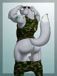 2012 anthro ass back_view biceps big_ass big_muscles canine closed_mouth clothes color fur furry_ears furry_tail grey_fur hat looking_at_viewer looking_back male male_only military mooning muscles pants pants_down pointy_ears raised_tail solo standing tail tattoo testicles undressing vamplust white_fur wolf