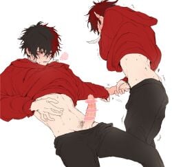 1boy black_hair blush clothes_lift cowboy_shot dal-gi erection hand_on_own_face heavy_breathing highres hizen_tadahiro hood hoodie male_focus male_pubic_hair masturbation multicolored_hair multiple_views pubic_hair red_eyes red_hair red_hoodie shirt_lift short_hair simple_background split-color_hair sweat touken_ranbu white_background