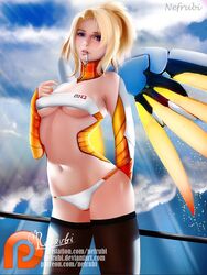 1girls bikini blonde_hair cross detailed_background female female_only mercy nefrubi overwatch solo staff tagme thighhighs wings