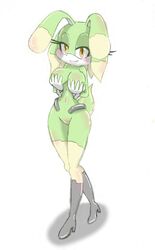 android anthro ass big_breasts bit-small blush breasts charity_the_rabbit cleavage cute female green_fur lagomorph lube machine mechanical oil oily orange_eyes rabbit robot solo toony