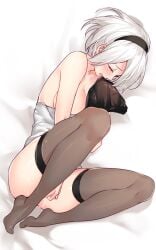 1girls aki663 bare_shoulders black_hairband black_panties blush breasts cleavage closed_eyes female female_only female_orgasm fingering gasping hairband lying masturbation nier:_automata nier_(series) no_bra no_shoes open_mouth orgasm panties pussy_juice short_hair sniffing thighhighs underwear vaginal_masturbation white_hair white_shirt yorha_2b