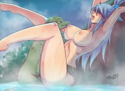 1boy 1girls accidart aqua_(konosuba) blindfold blindfolded blue_hair breasts domination goblin goblin_male goddess green-skinned_male green_body green_skin highres kono_subarashii_sekai_ni_shukufuku_wo! light-skinned_female light_skin monster onsen restrained self_upload sex side_view small_dom_big_sub twitter_username water wet wet_body wet_skin