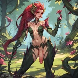 1futa ai_generated artist_name artist_psyopsai big_penis colored digital_media_(artwork) erect_penis erection flower forest front_view futa_only futanari league_of_legends plant_girl plants red_hair solo solo_focus standing uncensored vines watermark zyra