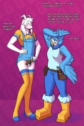 2:3 anthro asriel_dreemurr balls blush bodily_fluids boots boss_monster_(undertale) bottomwear chastity_cage chastity_device clothed clothing crop_top denim denim_bottomwear denim_clothing dracozhilla duo english_text female femboy flat_chastity_cage footwear fur_boots furry genitals hair hands_on_hips hi_res humanoid jeans larger_male leggings legwear locktober male male/female mammal martlet_(undertale_yellow) overalls pants permanent_chastity shirt shoes size_difference skinny socks stylized_chastity_cage sweat tank_top text tool_belt topwear undertale undertale_(series) undertale_yellow