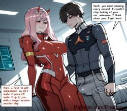1boy 1girls ? ai_generated anime anime_coloring anime_style bangs bed big_ass big_breasts brown_hair cel_shading comic darling_in_the_franxx detailed_background dialogue digital_art english erection fanart futuristic game_character green_eyes hair_ornament hand_on_hip highres hiro_(darling_in_the_franxx) horns horny horny_female horny_male huge_ass huge_breasts ichigo_(darling_in_the_franxx) latex latex_clothing long_hair manga_style medium_shot multiple_panels panels patreon patreon_username penis_bulge phanary pink_hair room seductive seductive_eyes seductive_look seductive_pose seductive_smile short_hair soft_shading solo_female solo_focus sound_effects speech_bubble video_game_character zero_two_(darling_in_the_franxx)