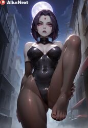 1girls ai_generated aliusnext dc dc_comics feet female foot_fetish foot_focus footwear girl glowing_eyes goth goth_girl gothic grey_body grey_skin hi_res high_quality high_resolution highres pantyhose patreon purple_eyes purple_hair raven_(dc) teen_titans