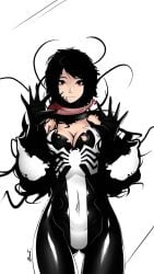 1girls 7zaki black_hair cleavage female looking_at_viewer marvel marvel_comics medium_hair messy_hair red_eyes she-venom skin_tight solo spider-man_(series) symbiote tongue