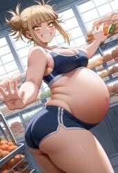 1girls ai_generated ass belly belly_button big_belly big_breasts blonde_hair breasts button himiko_toga my_hero_academia pregnancy pregnant pregnant_belly ready_to_pop shorts solo toga_himiko yellow_eyes