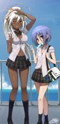 2girls anime_style bag bikini black_socks breasts dark_skinned_female dress female_only flat_chest hot_spring ice_cream light_blue_hair ookuma_nekosuke school_uniform small_breasts soukou_akki_muramasa summer taller_girl wet_body white-skinned_female white_hair yellow_eyes